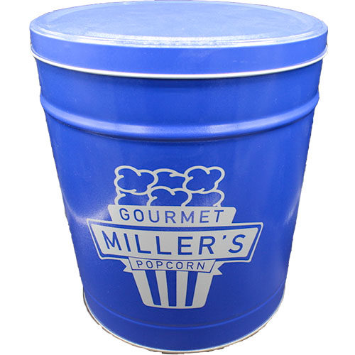 shiny blue popcorn tin with white miller's logo.
the logo is a stylized movie popcorn bag with Miller's Gourmet Popcorn in the foreground