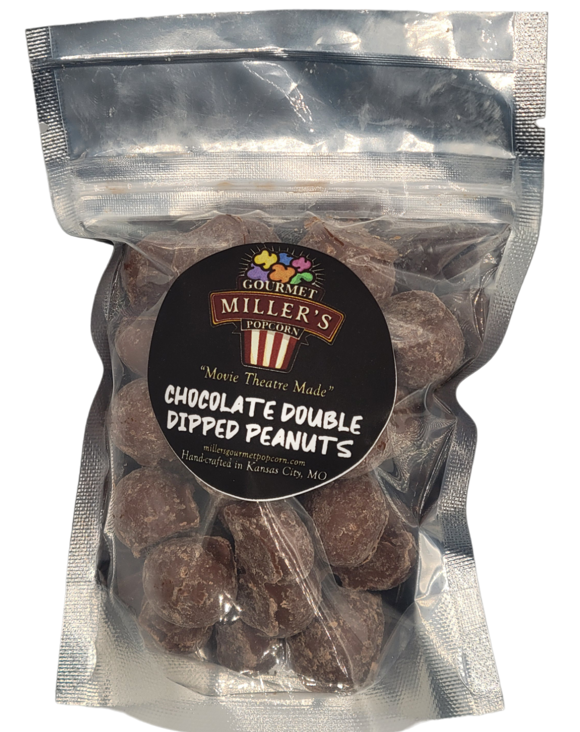 resealable bag of miller's chocolate double dipped peanuts