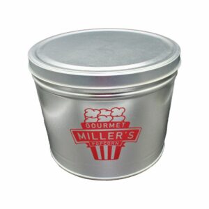 shiny grey popcorn tin with red miller's logo.
the logo is a stylized movie popcorn bag with Miller's Gourmet Popcorn in the foreground