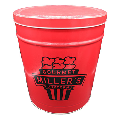 shiny red popcorn tin with black miller's logo.
the logo is a stylized movie popcorn bag with Miller's Gourmet Popcorn in the foreground