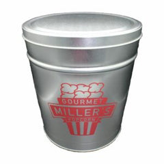 shiny grey popcorn tin with red miller's logo.
the logo is a stylized movie popcorn bag with Miller's Gourmet Popcorn in the foreground