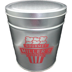 shiny grey popcorn tin with red miller's gourmet popcorn logo.
the logo is a stylized movie popcorn bag with Miller's Gourmet Popcorn in the foreground