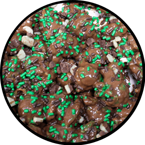 chocolate brown popcorn with bright green and dark brown sprinkles