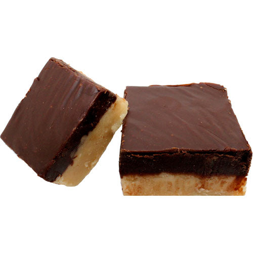 top layer of dark brown fudge bottom layer of yellow peanut butter fudge