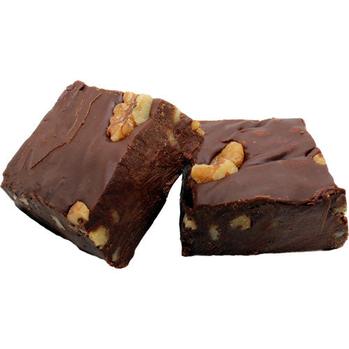 dark brown fudge with walnuts throughout 