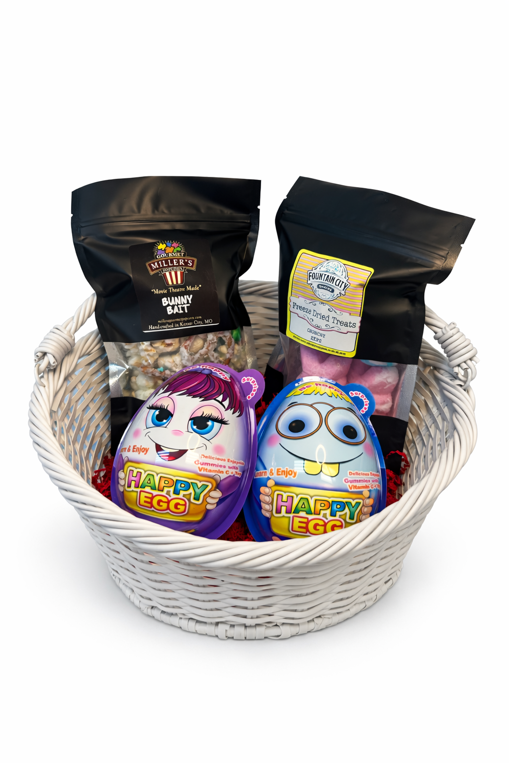 White Easter Basket with Freeze Dried Candy, Gourmet Easter Popcorn and 2 happy egg toys.