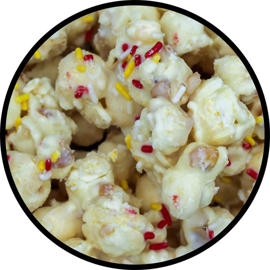 white popcorn with red, white, and yellow sprinkles