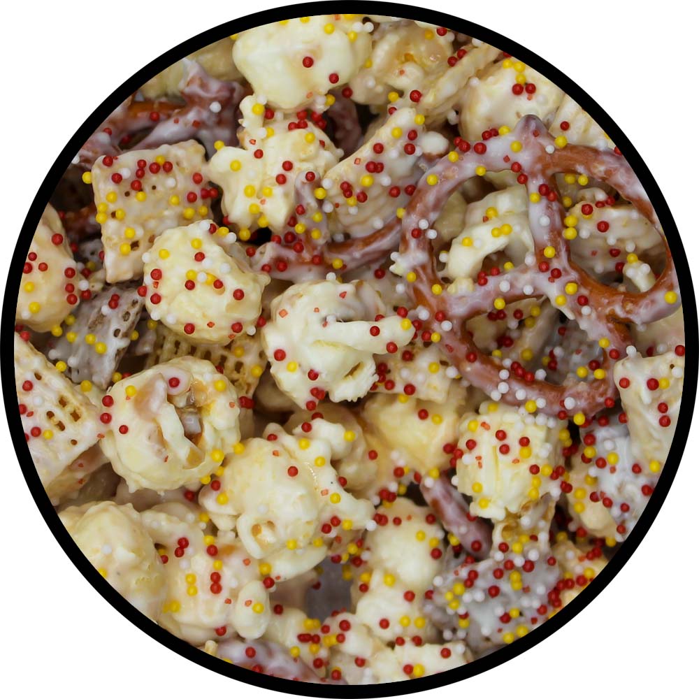 white popcorn with red, yellow, and white sprinkles