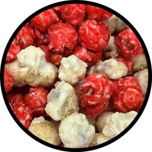 A delicious looking blend of red and off white popcorn