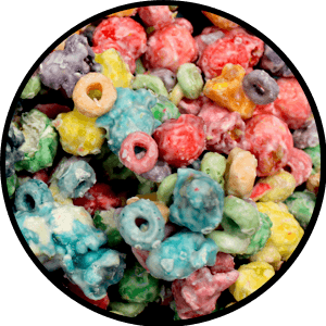 blend of pastel red, blue, orange, and green popcorn and fruit loops cereal