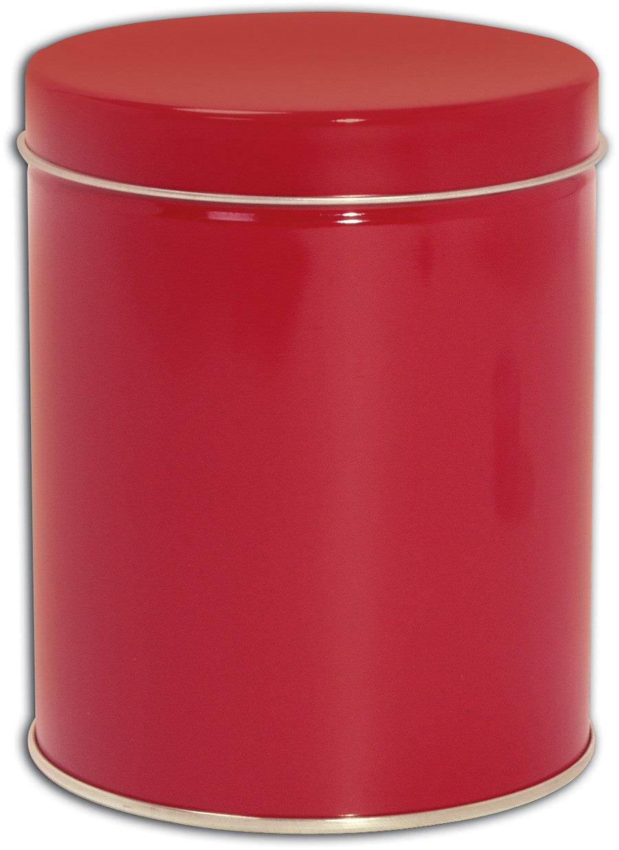 solid red popcorn tin with thin white accent on the lid