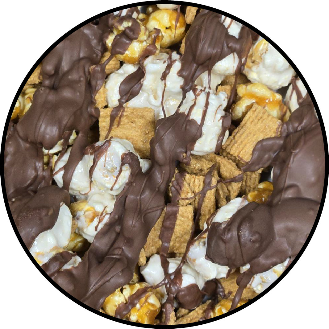 blend of popcorn mini gram crackers and a chocolate drizzle. 