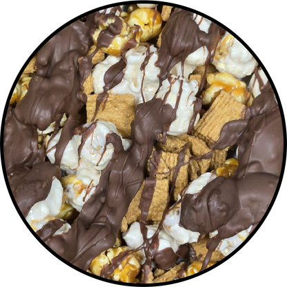 blend of popcorn mini gram crackers and a chocolate drizzle. 