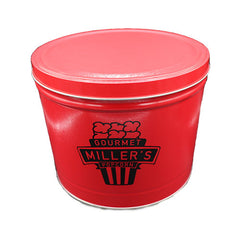 shiny red popcorn tin with black miller's logo.
the logo is a stylized movie popcorn bag with Miller's Gourmet Popcorn in the foreground