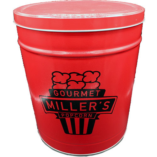 shiny red popcorn tin with black miller's logo.
the logo is a stylized movie popcorn bag with Miller's Gourmet Popcorn in the foreground
